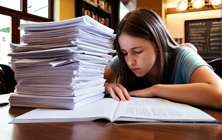 ** A student looking overwhelmed by a large stack of academic papers, contrasted with an image of them relaxing in a café with friends, to illustrate managing stress during thesis writing.
**