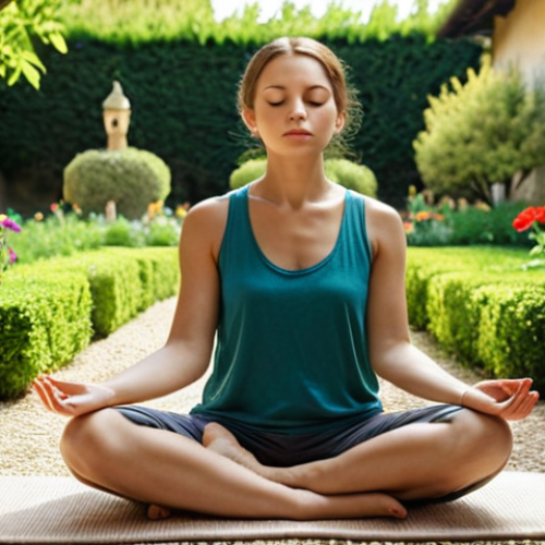 Home 14 ** A person practicing mindfulness meditation outdoors in a serene Italian garden. Soft, natural light. The person is sitting cross-legged, eyes closed, with a peaceful expression. Lush greenery and colorful flowers surround them. Focus on conveying a sense of calm and tranquility.
**