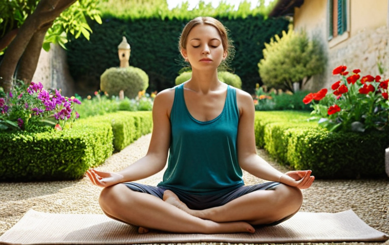 ** A person practicing mindfulness meditation outdoors in a serene Italian garden. Soft, natural light. The person is sitting cross-legged, eyes closed, with a peaceful expression. Lush greenery and colorful flowers surround them. Focus on conveying a sense of calm and tranquility.
**