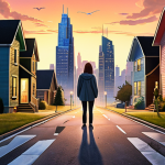 **Prompt:** A person looking conflicted at a crossroads, one path leading to a modern city skyline (representing career advancement), the other to a cozy, brightly lit house with family members visible inside. Soft, emotional lighting. Style: Realistic painting.