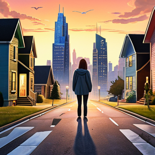 Home 7 **Prompt:** A person looking conflicted at a crossroads, one path leading to a modern city skyline (representing career advancement), the other to a cozy, brightly lit house with family members visible inside. Soft, emotional lighting. Style: Realistic painting.