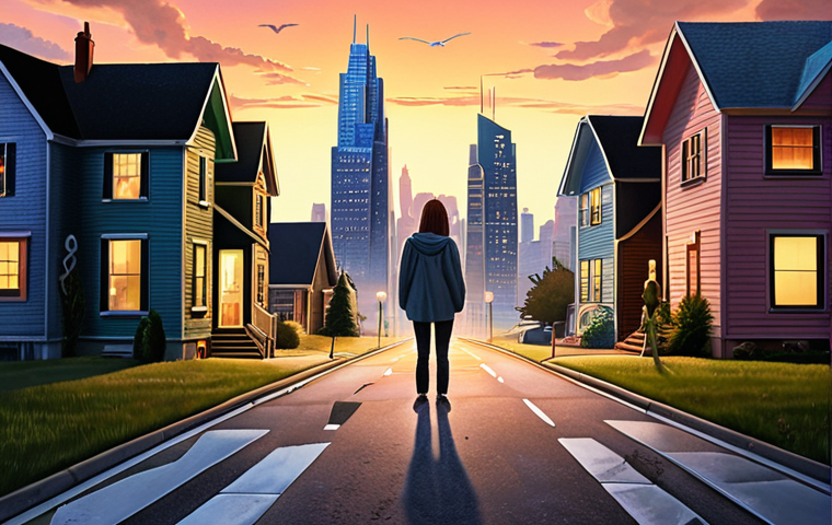 **Prompt:** A person looking conflicted at a crossroads, one path leading to a modern city skyline (representing career advancement), the other to a cozy, brightly lit house with family members visible inside. Soft, emotional lighting. Style: Realistic painting.