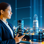 A professional, diverse individual in appropriate business attire, looking calmly at a translucent, holographic user interface that displays subtle, supportive mental well-being insights. The background features a blurred, modern cityscape with abstract digital overlays, symbolizing data and connectivity, suggesting a harmonious blend of technology and human well-being. The subject is fully clothed, modest clothing, appropriate attire, professional dress, safe for work, appropriate content, professional, perfect anatomy, correct proportions, natural pose, well-formed hands, proper finger count, natural body proportions, high-resolution photography, soft ambient lighting.