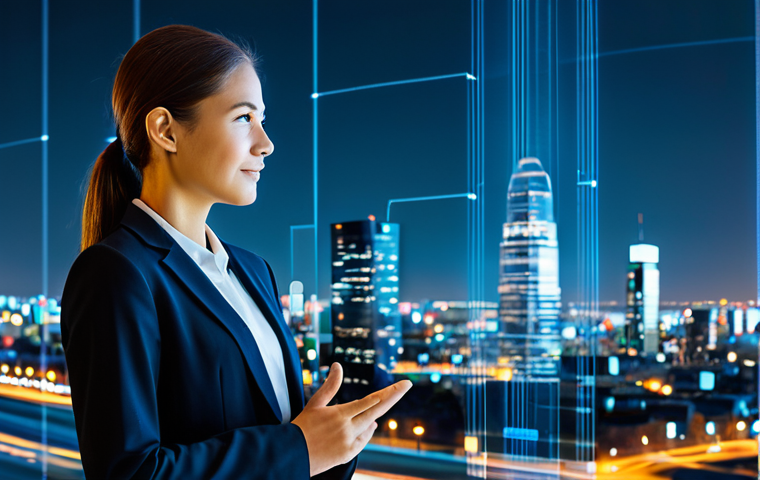 A professional, diverse individual in appropriate business attire, looking calmly at a translucent, holographic user interface that displays subtle, supportive mental well-being insights. The background features a blurred, modern cityscape with abstract digital overlays, symbolizing data and connectivity, suggesting a harmonious blend of technology and human well-being. The subject is fully clothed, modest clothing, appropriate attire, professional dress, safe for work, appropriate content, professional, perfect anatomy, correct proportions, natural pose, well-formed hands, proper finger count, natural body proportions, high-resolution photography, soft ambient lighting.